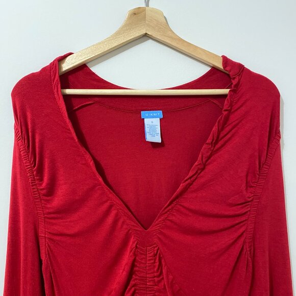 Y2K Red Longsleeve T-Shirt with Plunging V-Neck, Ruching, Gathered, Stretch Euro - Picture 2 of 10